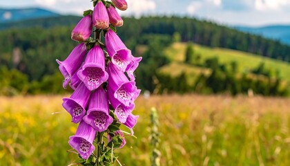 Purple foxglove flower cluster stands tall in a meadow before a distant forest under a sunny sky