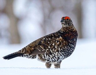 Grouse stands in snow, with speckled feathers and bright red patch on its head, against blurred winter forest