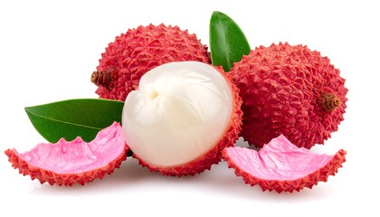 Grouping of ripe, red lychees, one peeled, showing the white flesh, surrounded by green leaves on a white background