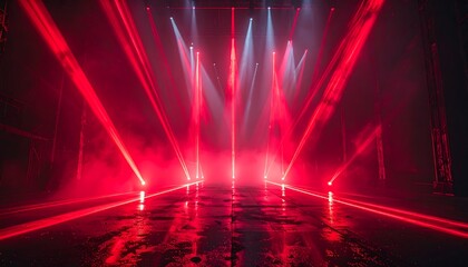 Intense red and white light beams converge in hazy, dark space with a wet floor reflecting the beams