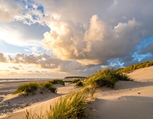 Grassy dunes lead to the shore under a dramatic, cloudy sky illuminated by the setting sun