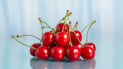 Bright Red Cherries Stacked on a Reflective Surface