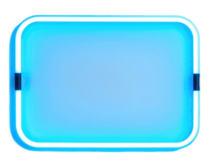 Illuminated, rounded rectangular form in neon blue. Simple design. Black accents and a glowing outline