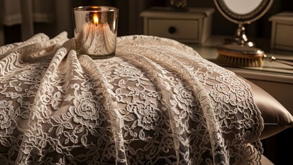 Candlelight Illuminates Intricate Floral Lace Fabric