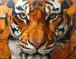 Intense tiger portrait constructed from orange, black, and white tiles, creating a mosaic effect of a striking gaze