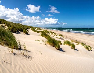 Grassy dunes meet a sandy beach under a blue sky with fluffy white clouds