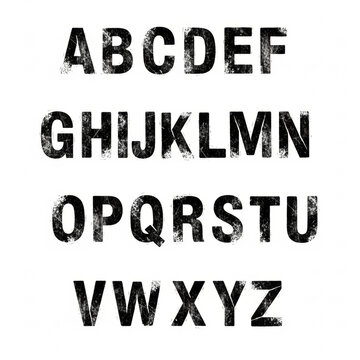 Complete uppercase English alphabet. Bold, distressed stencil style with rough texture. Black letters on white background, urban typography and creative design projects.