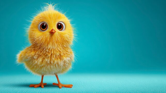 A fluffy, yellow baby bird stands on a blue surface, staring forward with big, brown eyes. It?s a studio shot with soft lighting