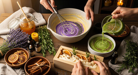 Close-up of hands creating handmade natural soap using lavender and honey.