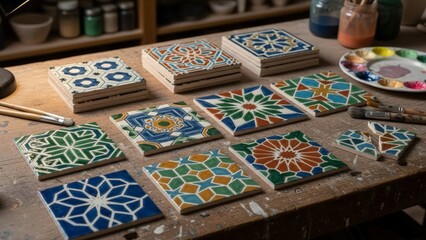 Collection of Colorful Geometric Mosaic Tiles as Decorative Coasters on a Wooden Table
