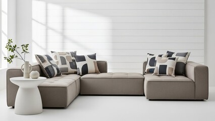 Contemporary Modular Sectional Sofa with Geometric Pillows in a Minimalist Living Space
