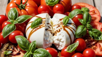 Creamy Burrata Cheese Drizzled with Balsamic Glaze Surrounded by Fresh Tomatoes and Basil
