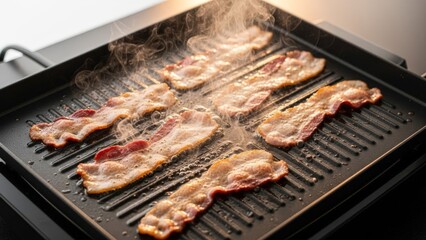 Crispy Bacon Strips Sizzling on a Hot Griddle Pan