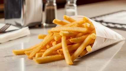 Crispy Golden Brown French Fries Served in White Paper