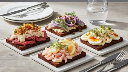 Danish Sm&oslash;rrebr&oslash;d Sandwiches with Shrimp, Herring, and Roast Beef