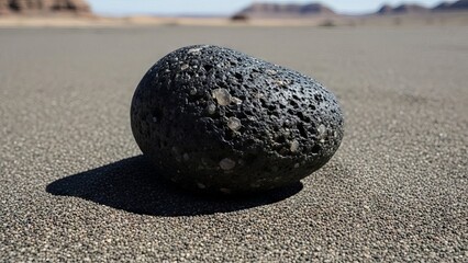 Dark Porous Lava Rock Resting on Sandy Ground