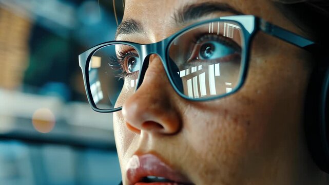 Focused Gaze and Reflections: An intense, close-up captures a person immersed in concentration, the glasses reflecting the surrounding environment, highlighting the interplay of light and focus.