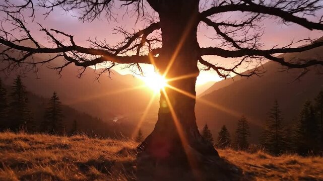 A towering tree stands silhouetted against the vibrant sunset, showcasing stunning hues of orange and purple. The tree and sunset create a captivating scene in the tranquil mountains.
