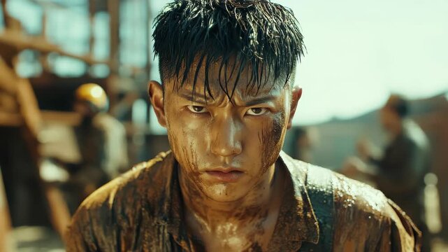 Hardworking individual at construction site: A determined individual with dirt-covered face stands at a construction site, gazing intensely with an unwavering focus.