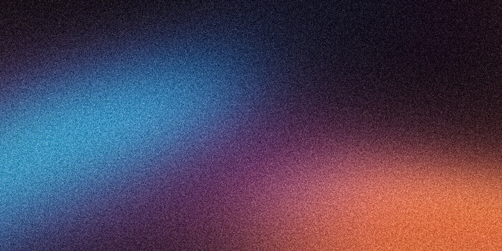 Grainy background, orange blue abstract glowing color gradient spotlights on black dark backdrop, noise texture banner poster header design