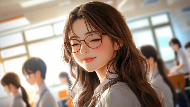 Smiling Student in Classroom: Capturing the beauty of education, this image showcases a smiling female student wearing glasses, emanating a sense of intellect and joy in a vibrant classroom setting. 