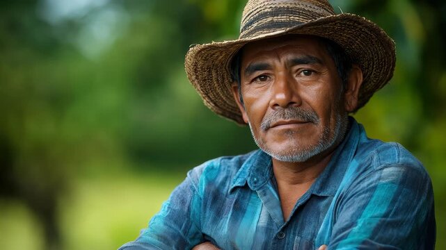 Resolute gaze of the Farmer: A seasoned farmer, adorned in a straw hat, casts a steady, contemplative gaze, embodying resilience, and the spirit of the land. 