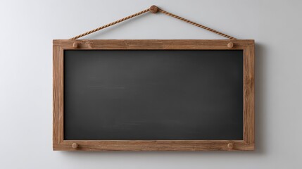 A rectangular blackboard hangs on a white wall, supported by a brown rope. It has a wooden frame and pins