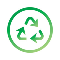Gradient recycle vector button on white background. Waste, reuse vector icon, label. Green rotation arrows in circle on white background.