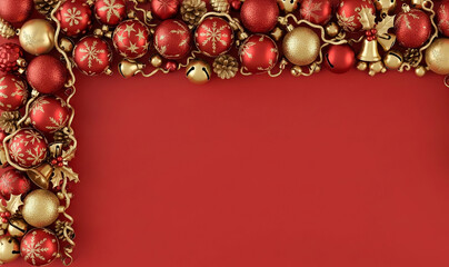 Christmas border decoration with red and gold baubles on a red background with copy space