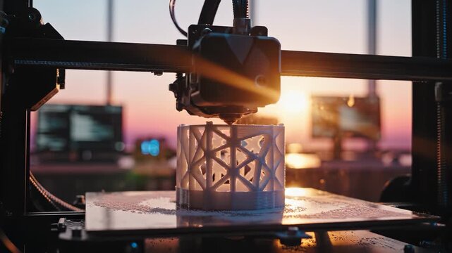 A 3D printer is creating an intricate design as the sun sets in the background. The 3D printer and design highlight the merging of technology and creativity in this workspace.