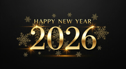 Happy New Year 2026 gold text with snowflakes on black background