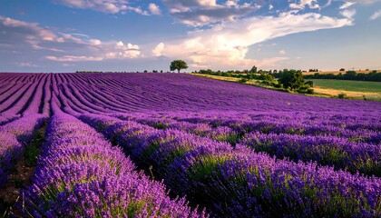 Purple lavender field, stretching to horizon, under a partly cloudy sky, two trees silhouetted on distant hill