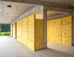 Interior of a building under construction, showcasing yellow insulation boards between concrete columns and ceiling