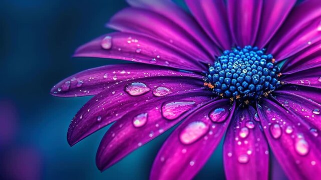 Purple Daisy's Delicate Beauty: A close-up view unveils the intricate beauty of a vibrant purple daisy, adorned with glistening water droplets, epitomizing the purity of nature.