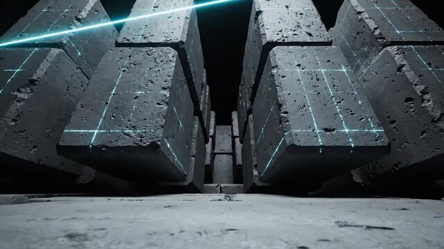 Futuristic concrete structure with neon grid overlay