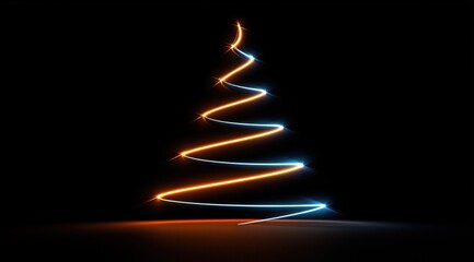 Un sapin de No&euml;l minimaliste lumineux, &eacute;clair&eacute; au n&eacute;on, aux lignes et courbes &eacute;pur&eacute;es sur un fond sombre, le sapin rayonnant avec des contours aux reflets orange et bleus.