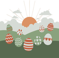 ​Flat Vector Illustration of Easter Egg Hunt in Pastel Nature Landscape
