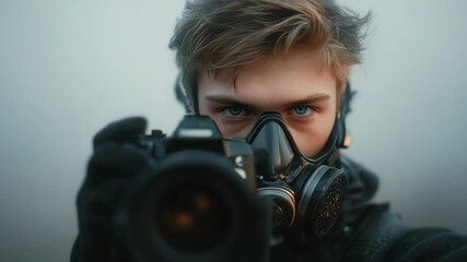 A man in a gas mask, holding a camera, ready for action.