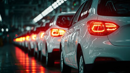 A row of brand-new white cars, illuminated by red tail lights, awaits final inspection inside a large factory