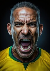 Portrait d'un supporter br&eacute;silien de football d'&acirc;ge m&ucirc;r, en col&egrave;re, portant le maillot de l'&eacute;quipe nationale, la bouche ouverte dans une col&egrave;re et une passion extr&ecirc;mes sur fond noir.
