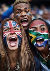 Des supporters en liesse, le visage peint aux couleurs des drapeaux britannique et sud-africain, exprimant leur joie dans les tribunes d'un stade de rugby.