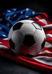 Un ballon de football sur un drapeau am&eacute;ricain, symbolisant la coupe du monde aux &eacute;tat-unis sur un fond sombre.
