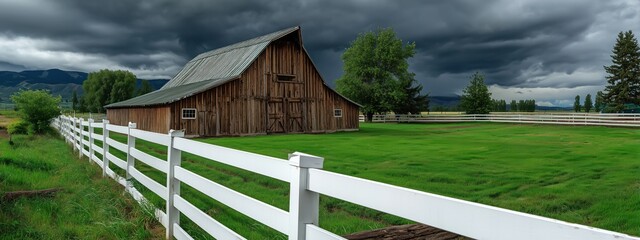 Une grange rustique, entour&eacute;e de cl&ocirc;tures blanches sur fond de p&acirc;turages verdoyants et de sombres nuages ​​d'orage, vue panoramique.