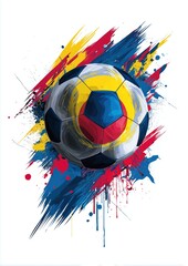 Un ballon de football, avec des coups de pinceau, des couleurs vives, une palette jaune, bleue et rouge, illustration, croquis conceptuel sur fond blanc.