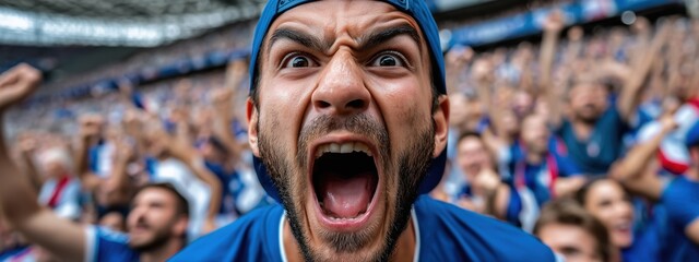 Un supporter fran&ccedil;ais de football hurlant, v&ecirc;tu d'un maillot bleu et portant une casquette, c&eacute;l&eacute;brant un but victorieux lors d'un match de coupe du monde, vue panoramique.