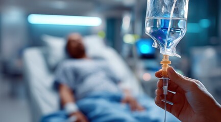 Une poche de perfusion suspendue dans une chambre d'h&ocirc;pital, vue en gros plan, avec un patient allong&eacute; sur le lit en arri&egrave;re-plan, flou.