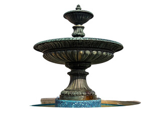 Fototapeta premium Ornate bronze fountain with two tiers, detailed carvings, and a water-filled basin against black background