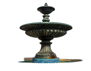 Ornate bronze fountain with two tiers, detailed carvings, and a water-filled basin against black background
