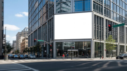 Obraz premium Empty white billboard on a modern glass skyscraper mockup at a vibrant city intersection. Perfect mockup space for advertisements, branding, or business campaigns.