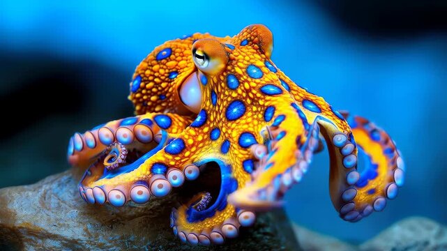 Azure Marine Marvel: A mesmerizing blue-ringed octopus showcasing vibrant, azure markings and complex patterns on a textured rock, capturing the underwater beauty and marine wildlife diversity.